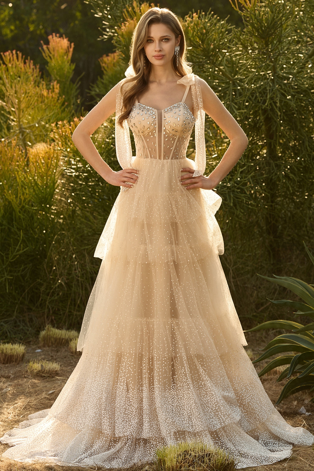 Sparkly Pink Tiered Polka Dots Beaded Long Corset Prom Dress with Ruffles