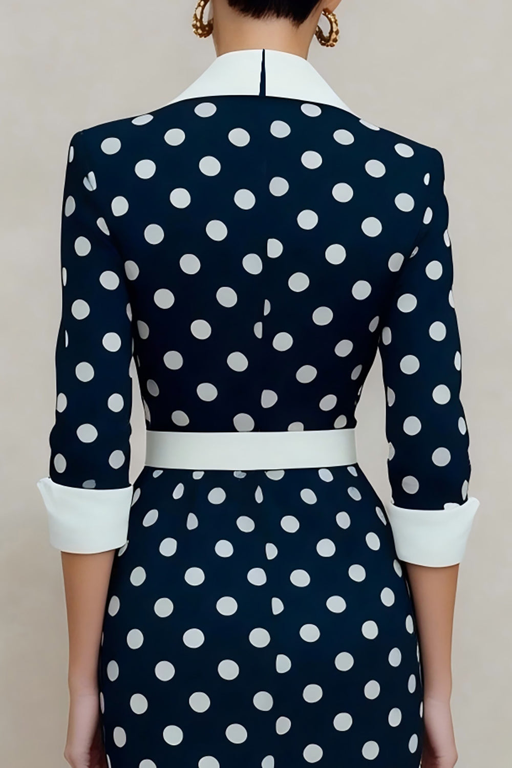 Navy and White Dots Notched Lapel Pencil Midi Blazer Dress with Belt