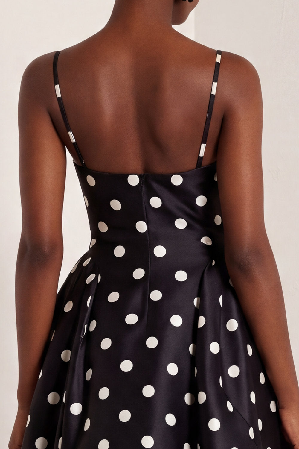 Black and White Polka Dots A Line Satin Spaghetti Straps Long Formal Dress