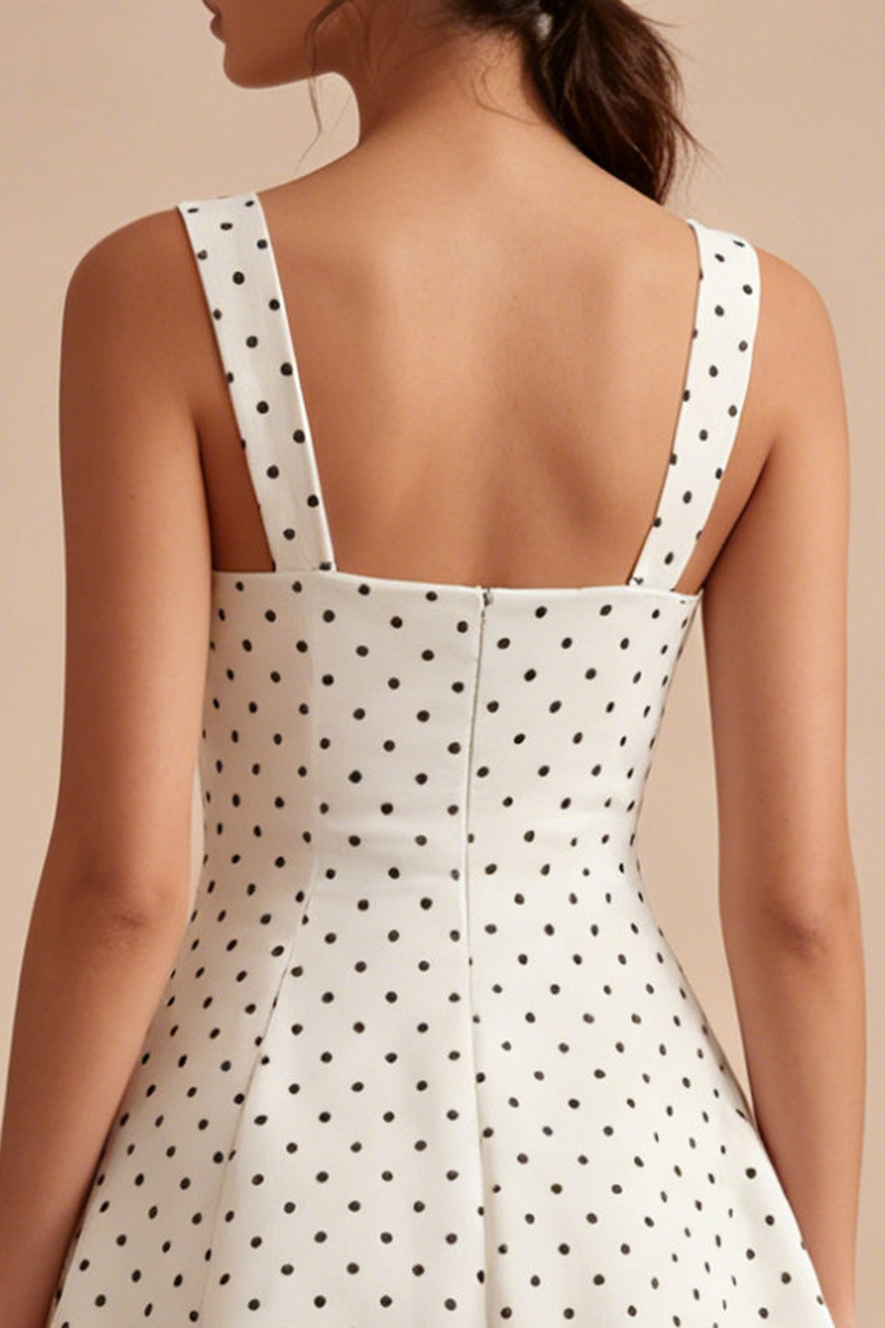 A Line Short White and Black Thick Straps Polka Dots Dress