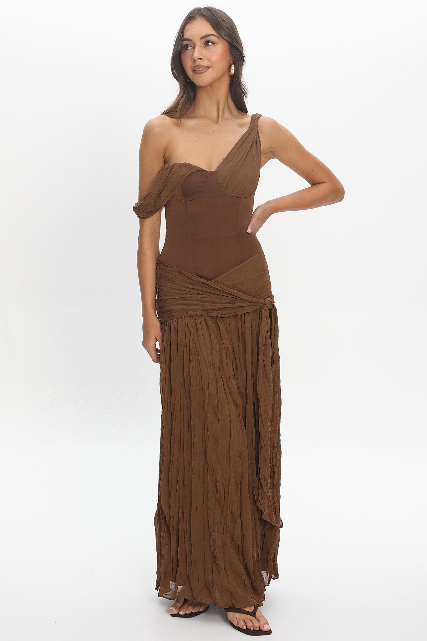 Keia Crepe Chiffon One-Shoulder Maxi Dress Chocolate
