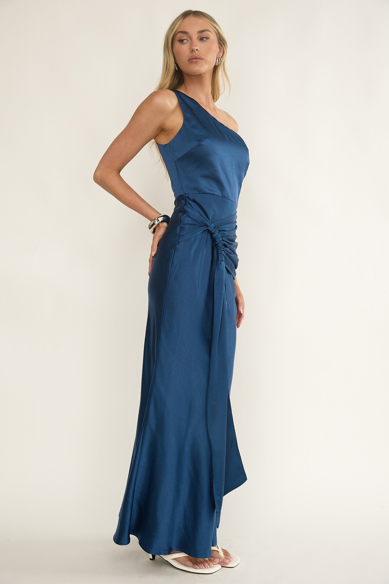 Luli One-Shoulder Waist Sash Maxi Dress Navy