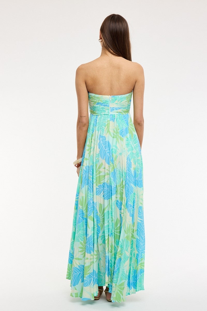 Willow Blue and Green Tropical Print Strapless Maxi Dress