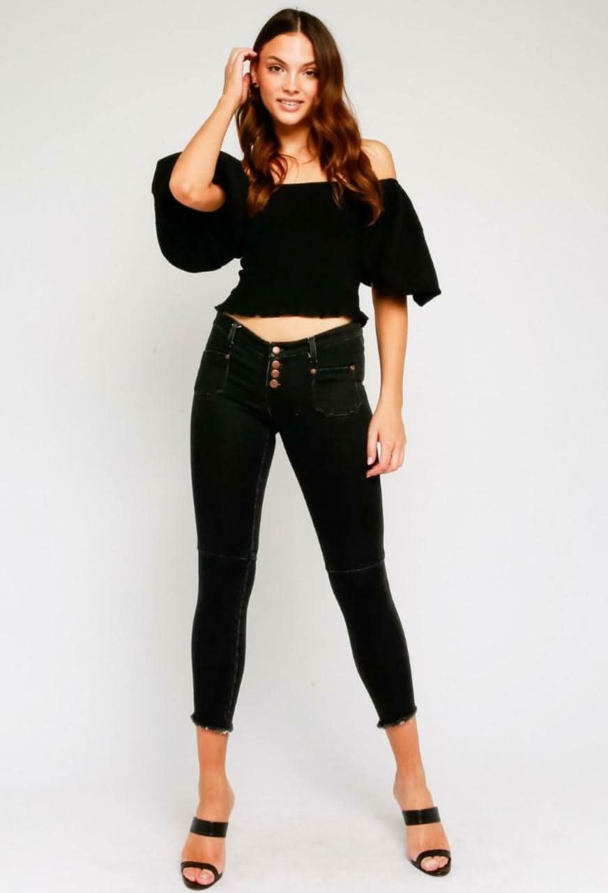 Stevie Black Off-the-Shoulder Bubble Sleeve Smocked Top