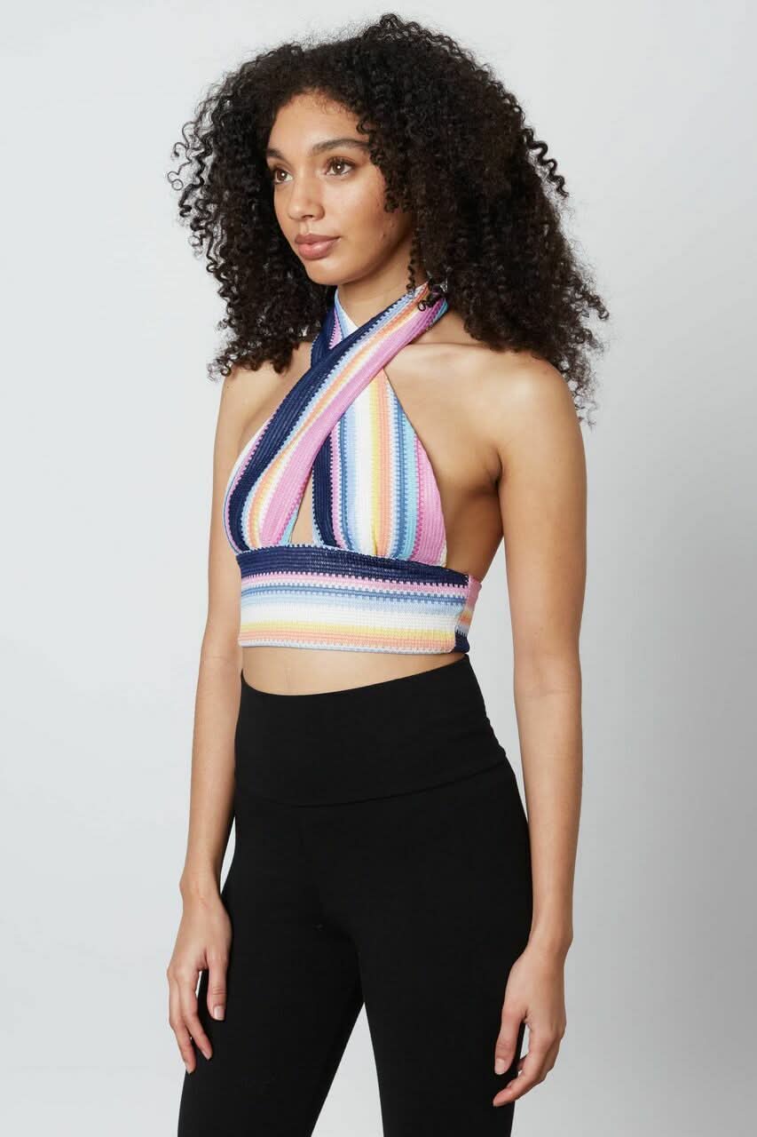 Retro Vibes Pink Multi Striped Print Halter Crop Top
