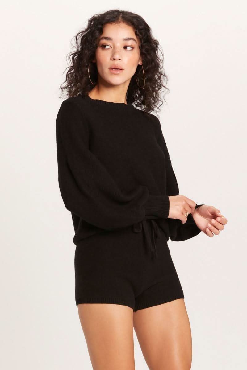 Snuggle Up Black Waffle Knit Balloon Sleeve Sweater