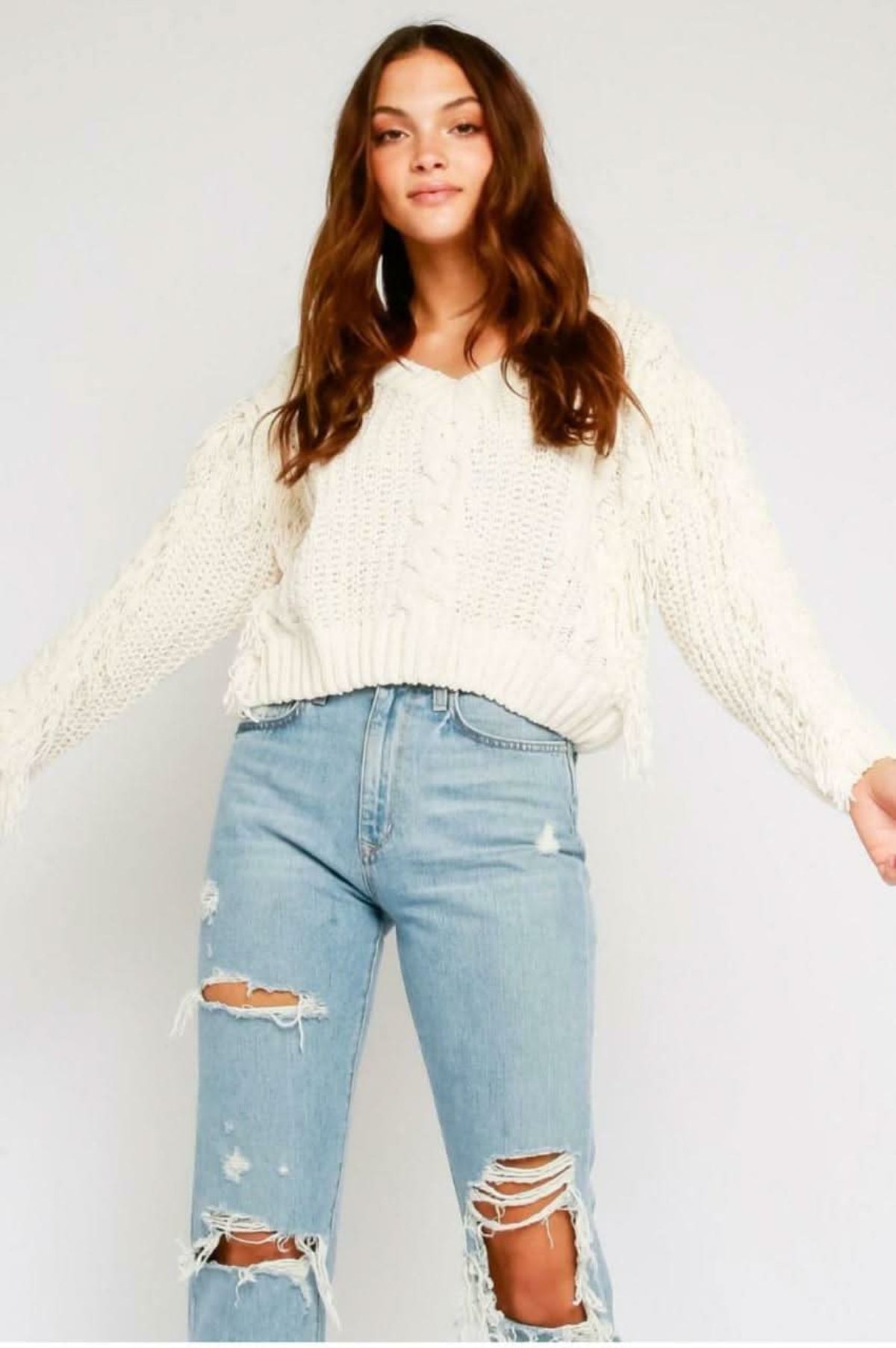 Ranger Fringe Ivory Cable Sweater