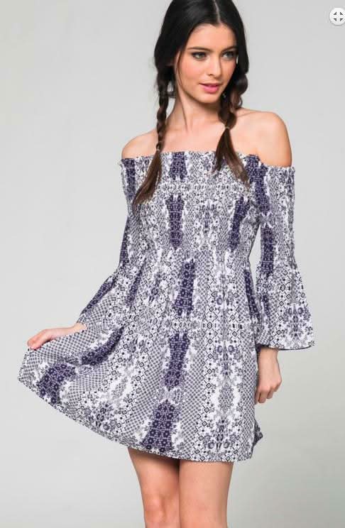 Soma Navy Print Off-The-Shoulder Flared Dress