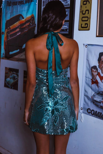 Champagne Showers Halterneck Slip Mini Dress Sequin Flowers Green