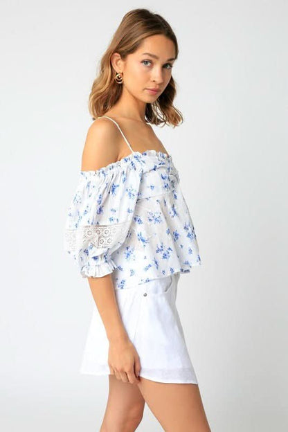 Positano White and Blue Floral Babydoll Top