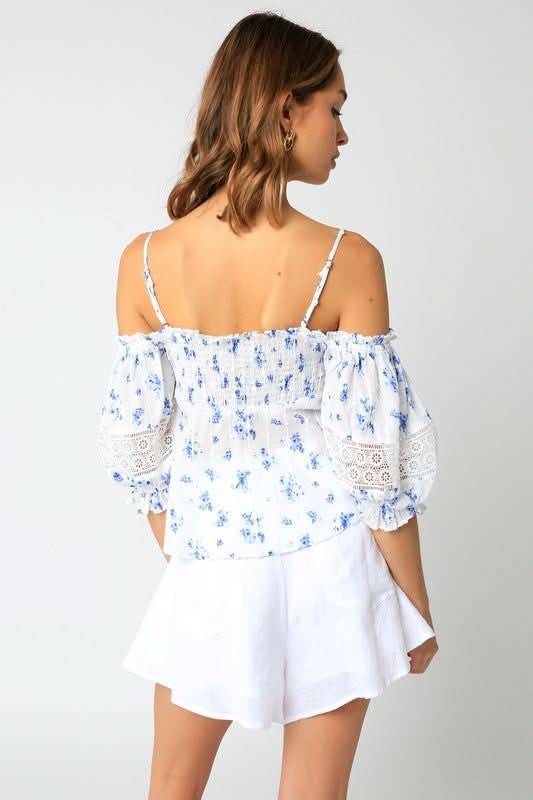 Positano White and Blue Floral Babydoll Top