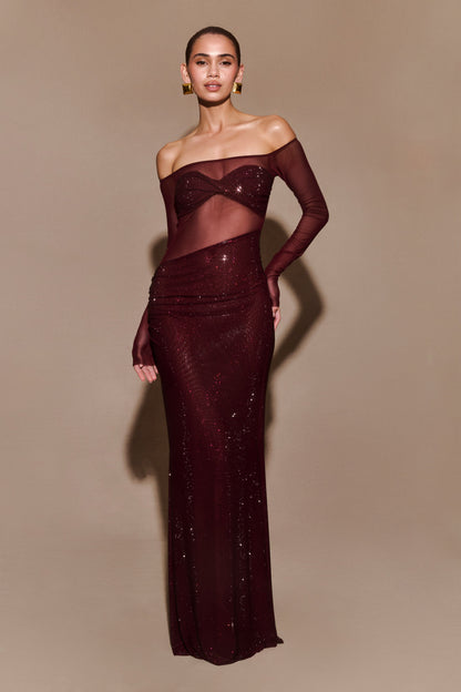 Nash Diamante Off Shoulder Maxi Dress - Mahogany