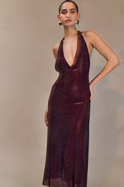 Genie Diamante Halter Midi Dress - Mahogany