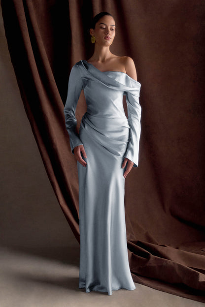 Iris Long Sleeve Satin Maxi Dress - Frosted Blue