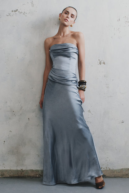 Jasmine Strapless Satin Maxi Dress - Frosted Blue