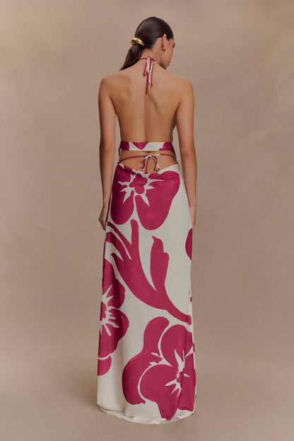 Katalina Chiffon Cowl Halter Top - Red Deco Fleur Print