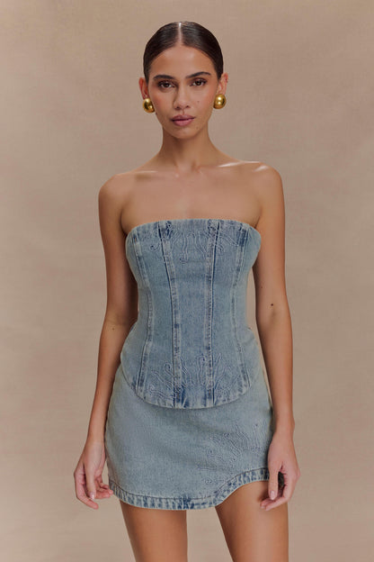 Alessia Embroidered Denim Mini Skirt - Light Vintage