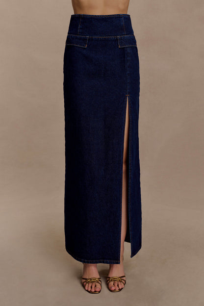 Maylena High Rise Denim Maxi Skirt - Indigo Blue