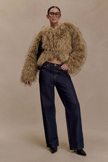Ottie Mongolian Faux Fur Cropped Jacket - Brown Multi