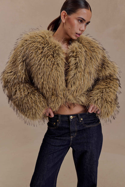 Ottie Mongolian Faux Fur Cropped Jacket - Brown Multi