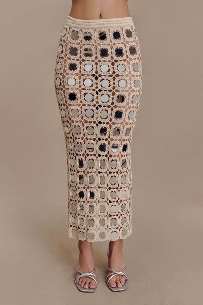 Noel Mirror Knit Midi Skirt - Beige