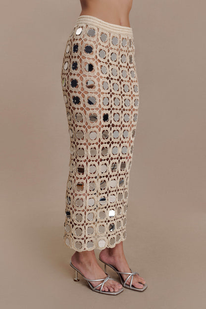 Noel Mirror Knit Midi Skirt - Beige
