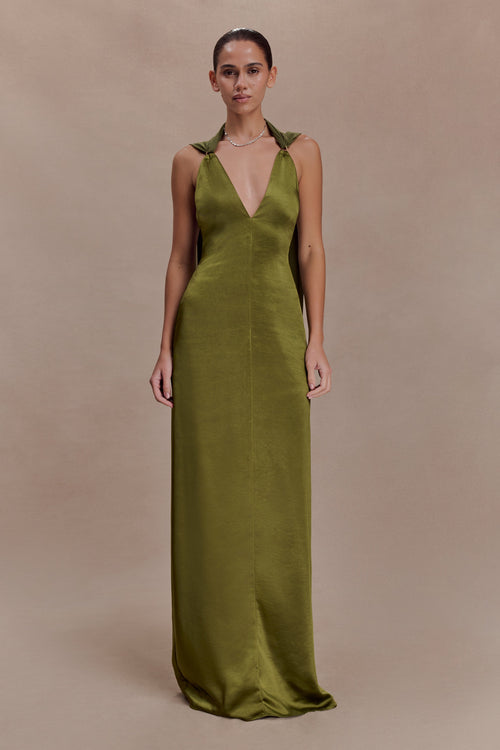 Myla Draped Shoulders Satin Maxi Dress - Khaki