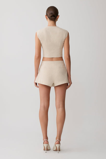 Anahita Linen Front Bows Short Sleeve Top - Natural