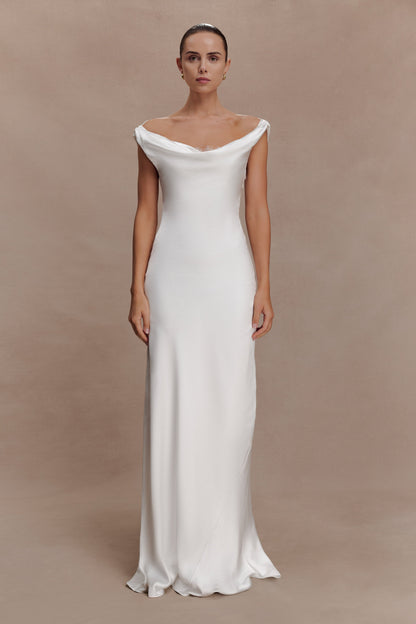 Ashley Cowl Neck Lace And Satin Maxi Dress - Ivory