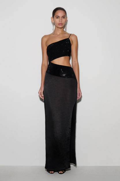 Athena One Shoulder Diamante Maxi Dress - Black