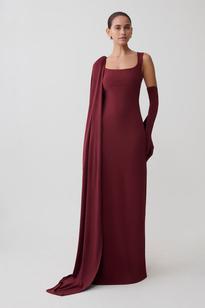Rhea Detachable Cape Jersey Maxi Dress - Wine