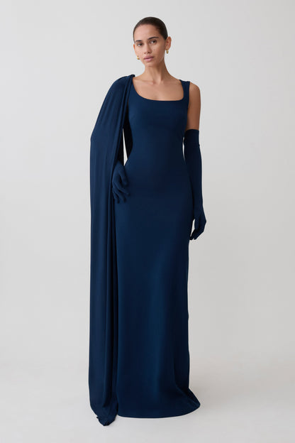 Rhea Detachable Cape Jersey Maxi Dress - Navy
