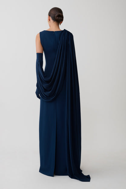 Rhea Detachable Cape Jersey Maxi Dress - Navy