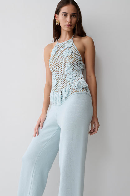 Miley Crochet Waistband Straight Leg Pant - Pale Aqua