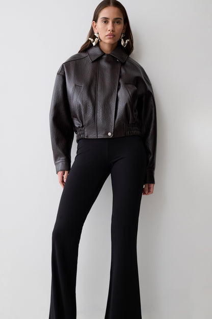 Paige Faux Leather Cropped Jacket - Cherry Brown