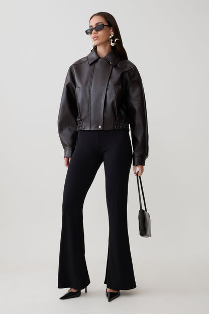 Paige Faux Leather Cropped Jacket - Cherry Brown