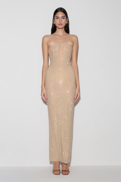 Phi Multi-Wear Cowl Diamante Maxi Dress - Gold