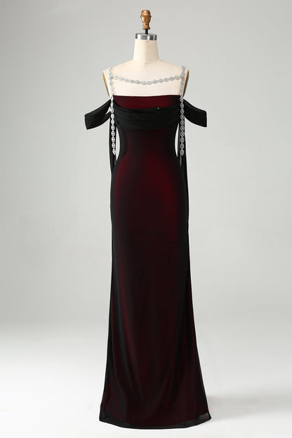Plus Size Sparkly Black Red Cold Shoulder Mermaid Long Bridesmaid Dress