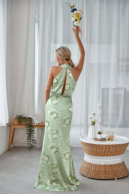 Floral Sage White Sheath Plus Size Halter Long Bridesmaid Dress
