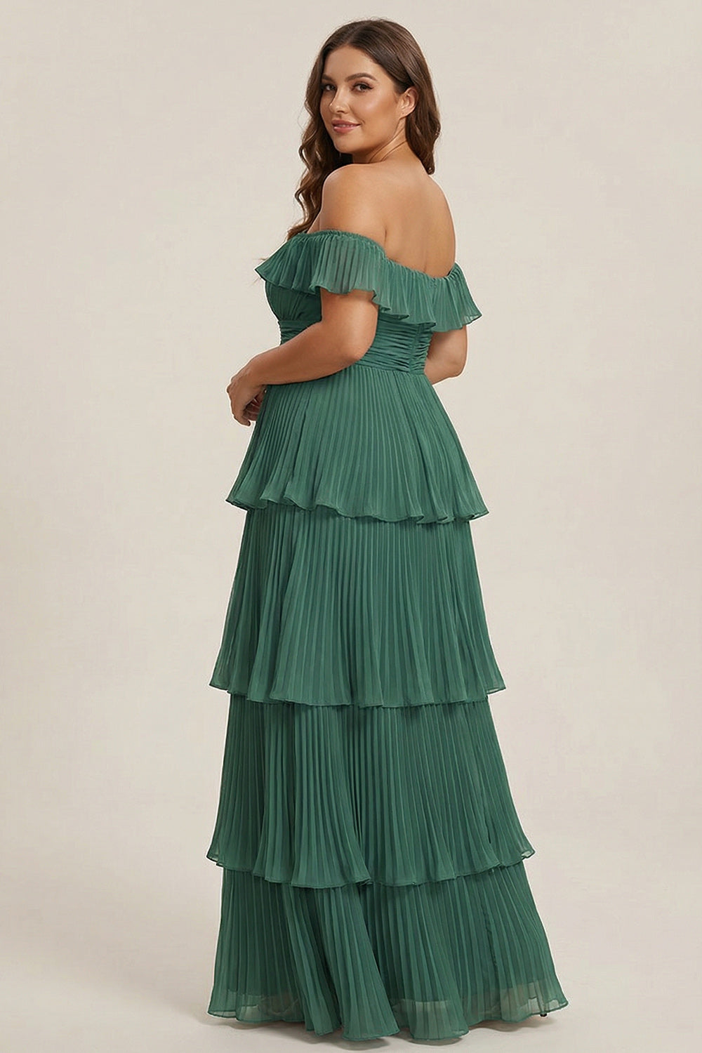 Plus Size Eucalyptus Pleated Off The Shoulder Tiered Long Bridesmaid Dress
