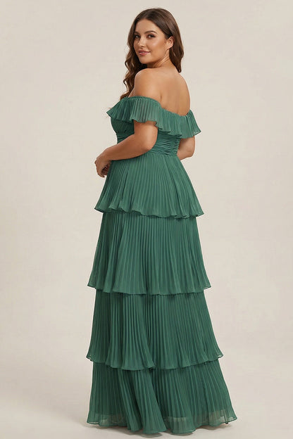 Plus Size Eucalyptus Pleated Off The Shoulder Tiered Long Bridesmaid Dress