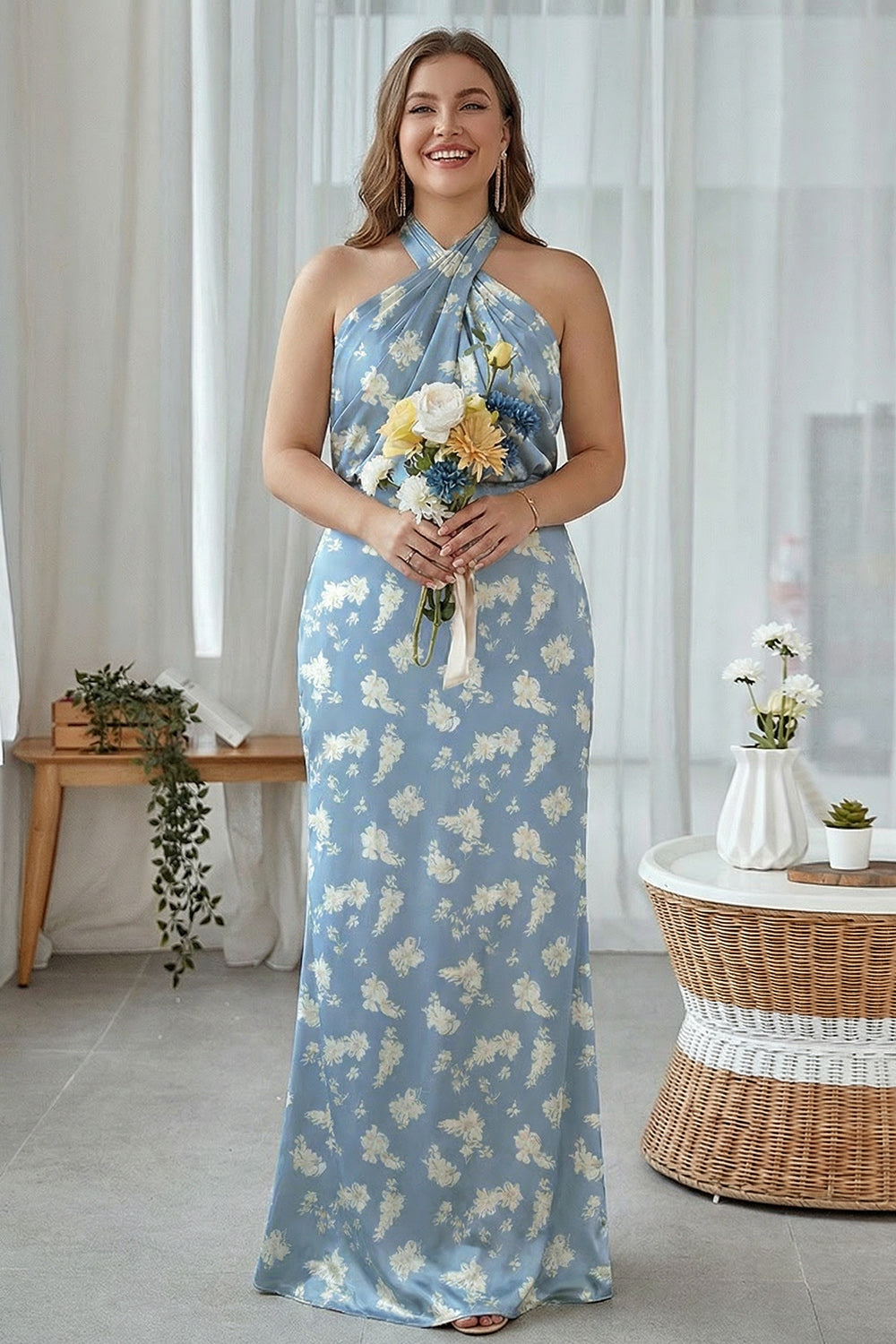 Floral Sage White Sheath Plus Size Halter Long Bridesmaid Dress