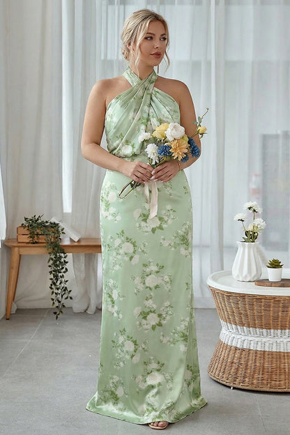Floral Navy Bloom Plus Size Sheath Halter Long Bridesmaid Dress