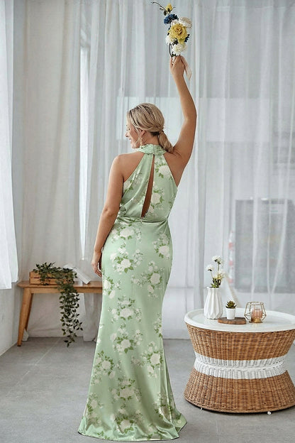 Blue White Floral Plus Size Sheath Halter Long Bridesmaid Dress