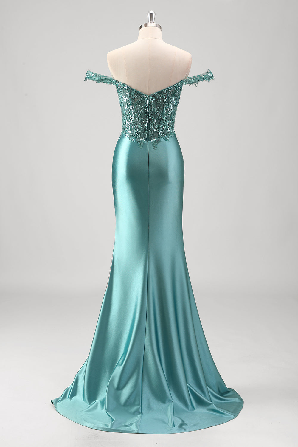 Plus Size Sparkly Grey Green Off The Shoulder Mermaid Long Prom Dress with Slit