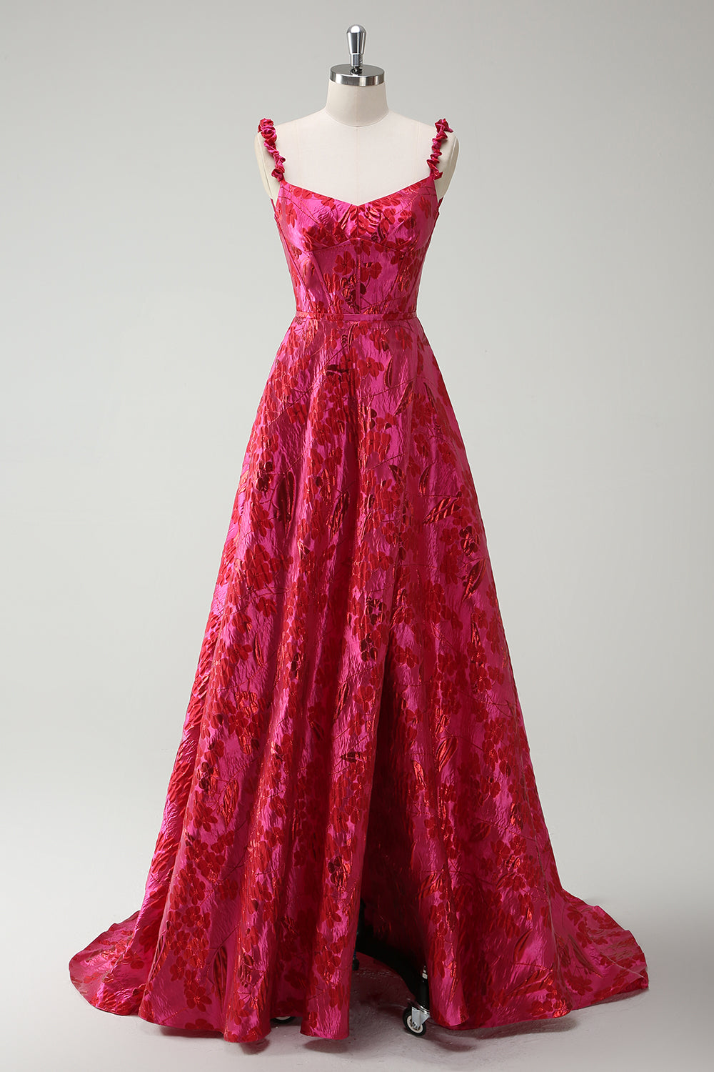 Plus Size Floral Fuchsia Spaghetti Straps A Line Long Prom Dress with Slit
