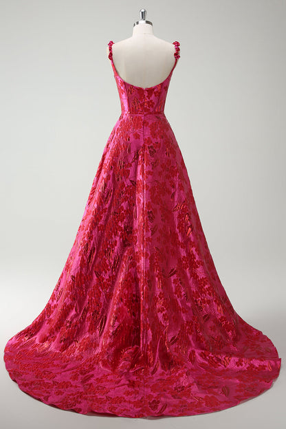 Plus Size Floral Fuchsia Spaghetti Straps A Line Long Prom Dress with Slit