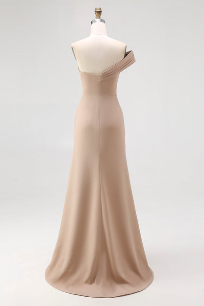 Plus Size Light Khaki Jersey Sheath One Shoulder Pleated Long Gala Dress