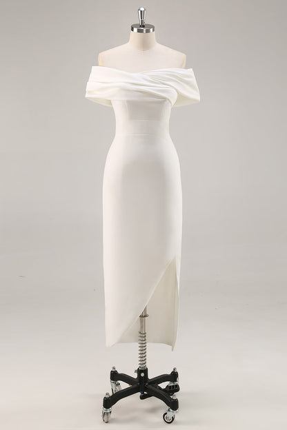 Plus Size White Sheath Satin Off the Shoulder Matte Asymmetrical Graduation Dress