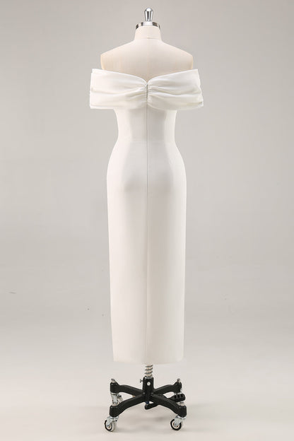 Plus Size White Sheath Satin Off the Shoulder Matte Asymmetrical Graduation Dress